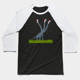 Dinosaur celebrates Christmas with Santa caps on | 3-necked dinosaur Baseball T-Shirt